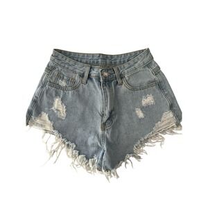 Womens Light Wash Distressed‎ Denim Shorts High Waist Frayed Raw Hem Size XS / 2